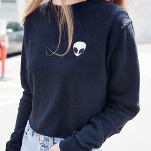 Black cropped alien embroidered sweatshirt